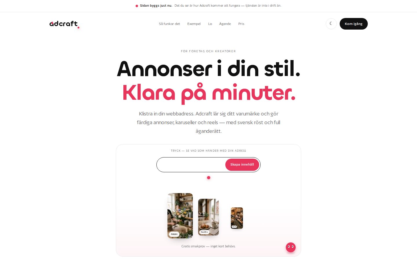 Adcrafts startsida på dator: rubriken Annonser i din stil, klara på minuter, med adressfält och tre exempel på annonsformat