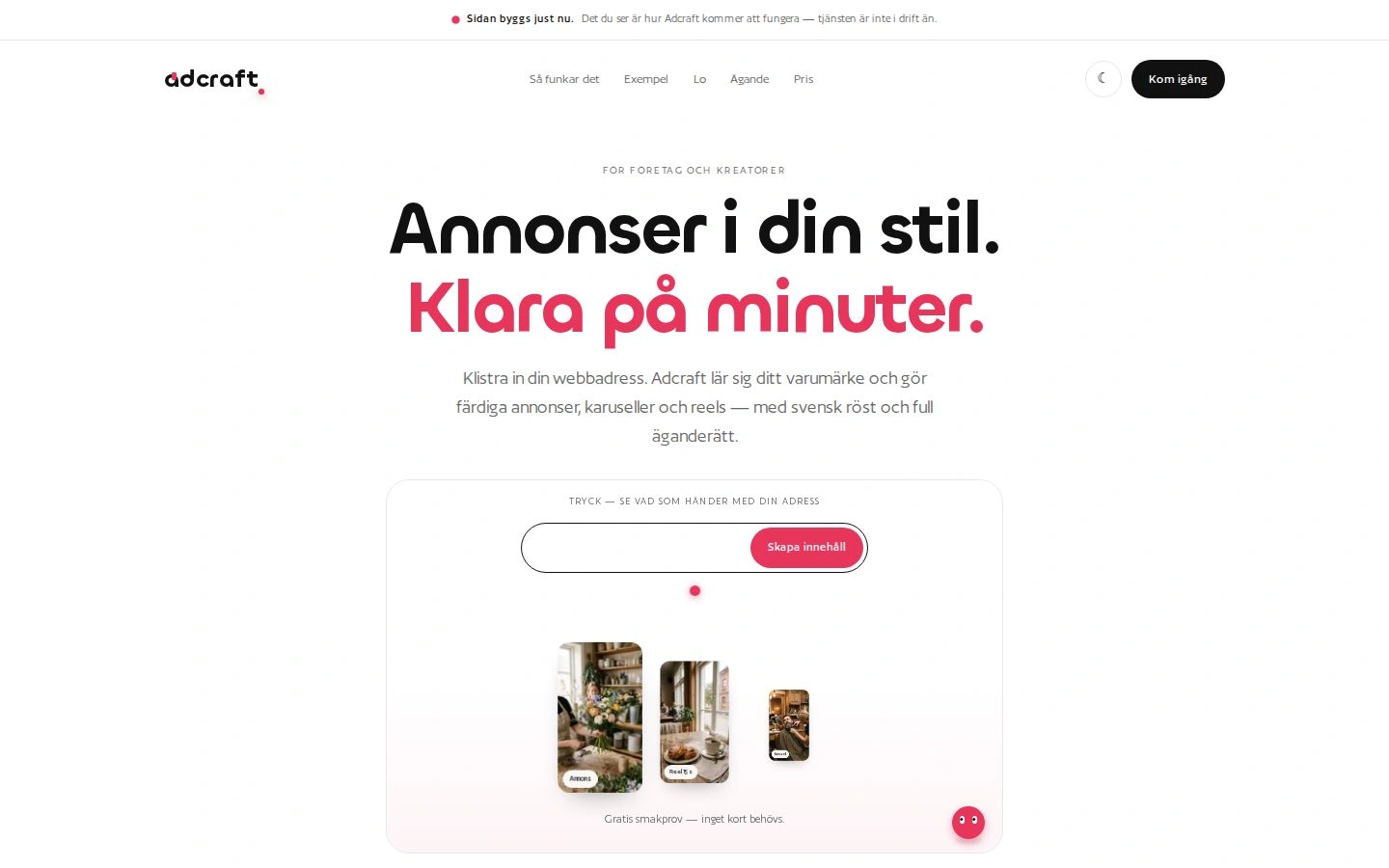 Adcrafts startsida på dator