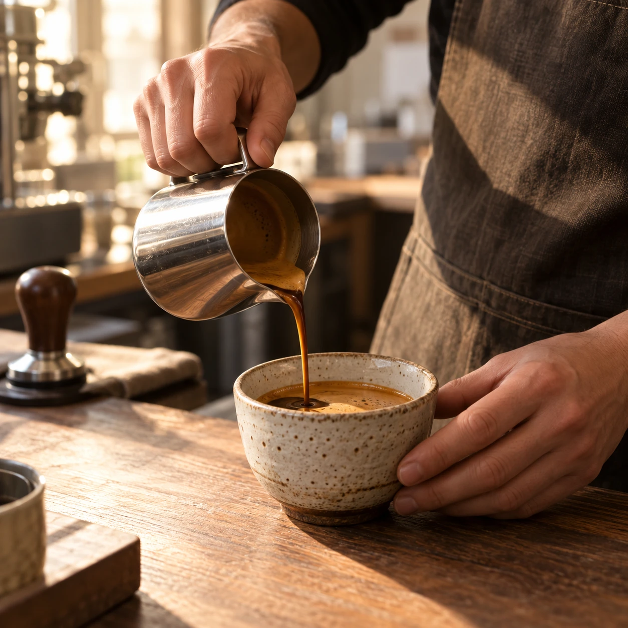 Espresso hälls i en keramikkopp i morgonljus