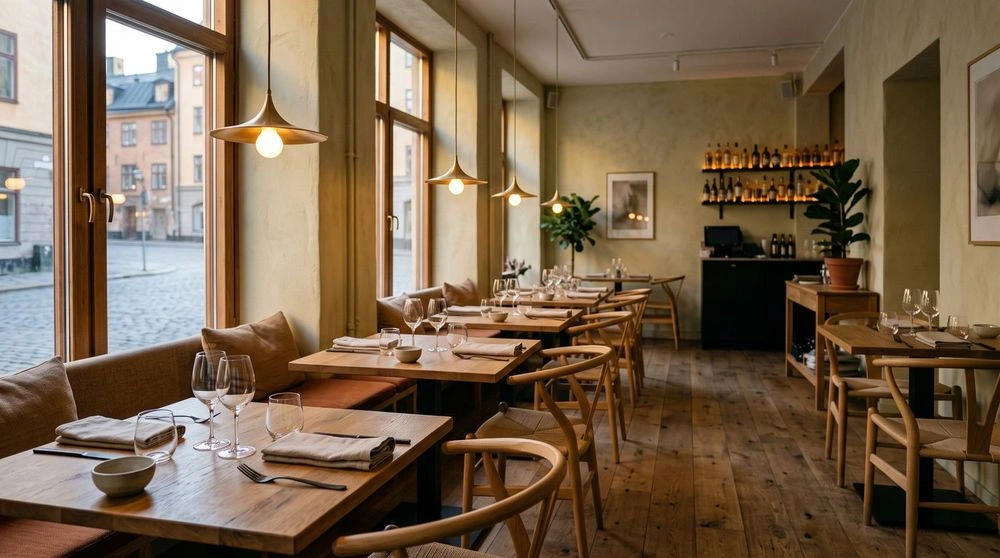 Genererad exempelinteriör med restaurangbord och varmt dagsljus