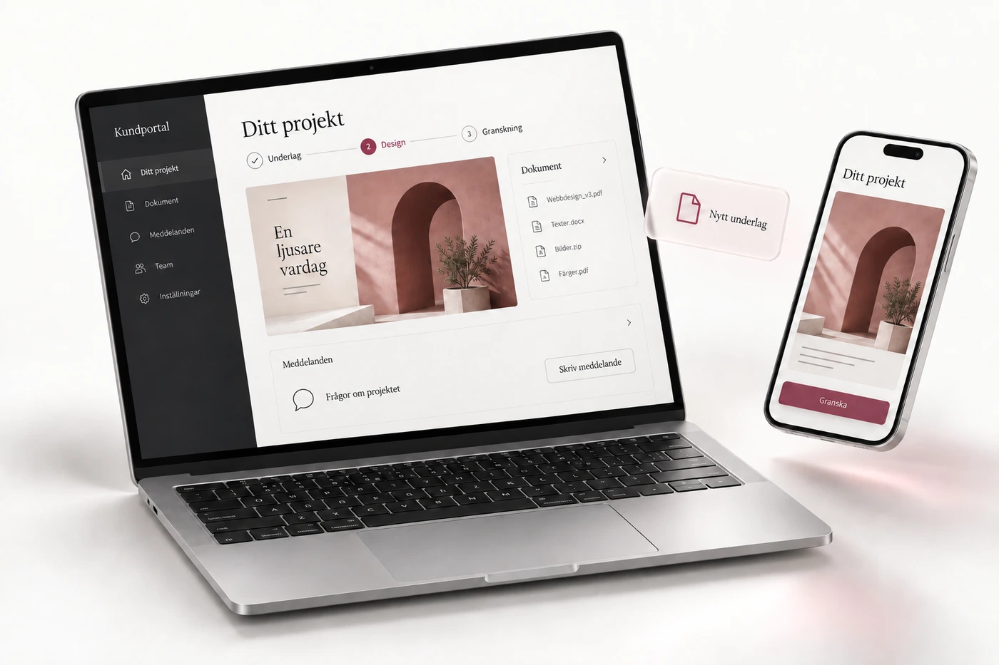 Genererad exempelvy av en kundportal på dator och mobil