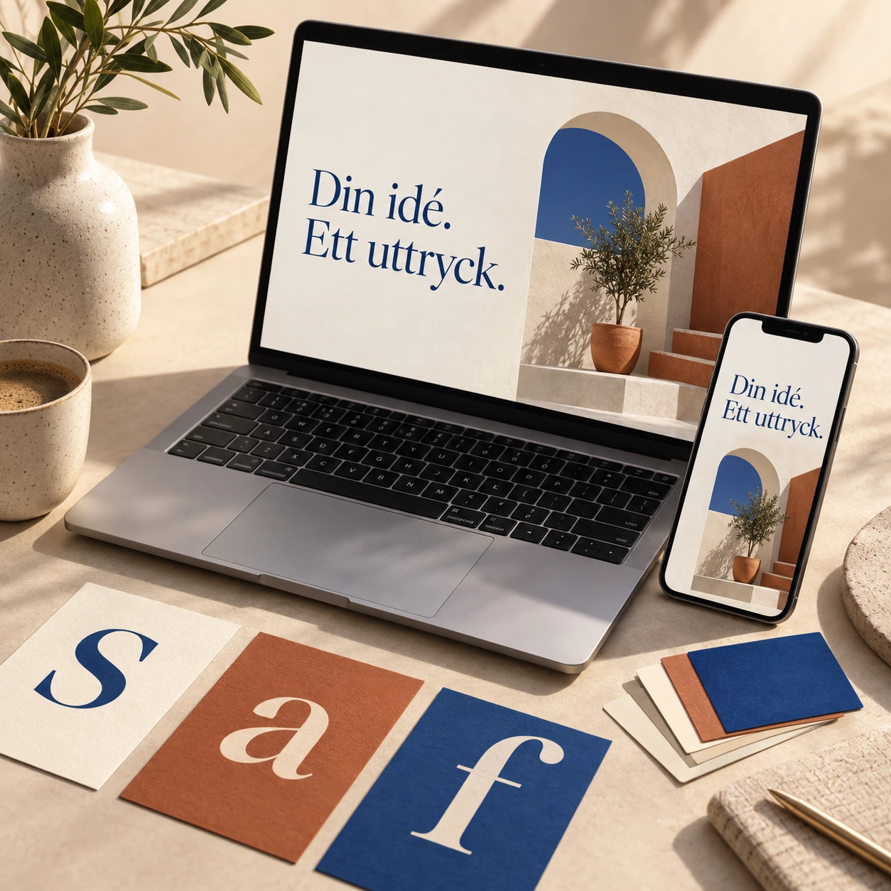 Genererad presentation av en hemsida, mobilvy och visuell identitet