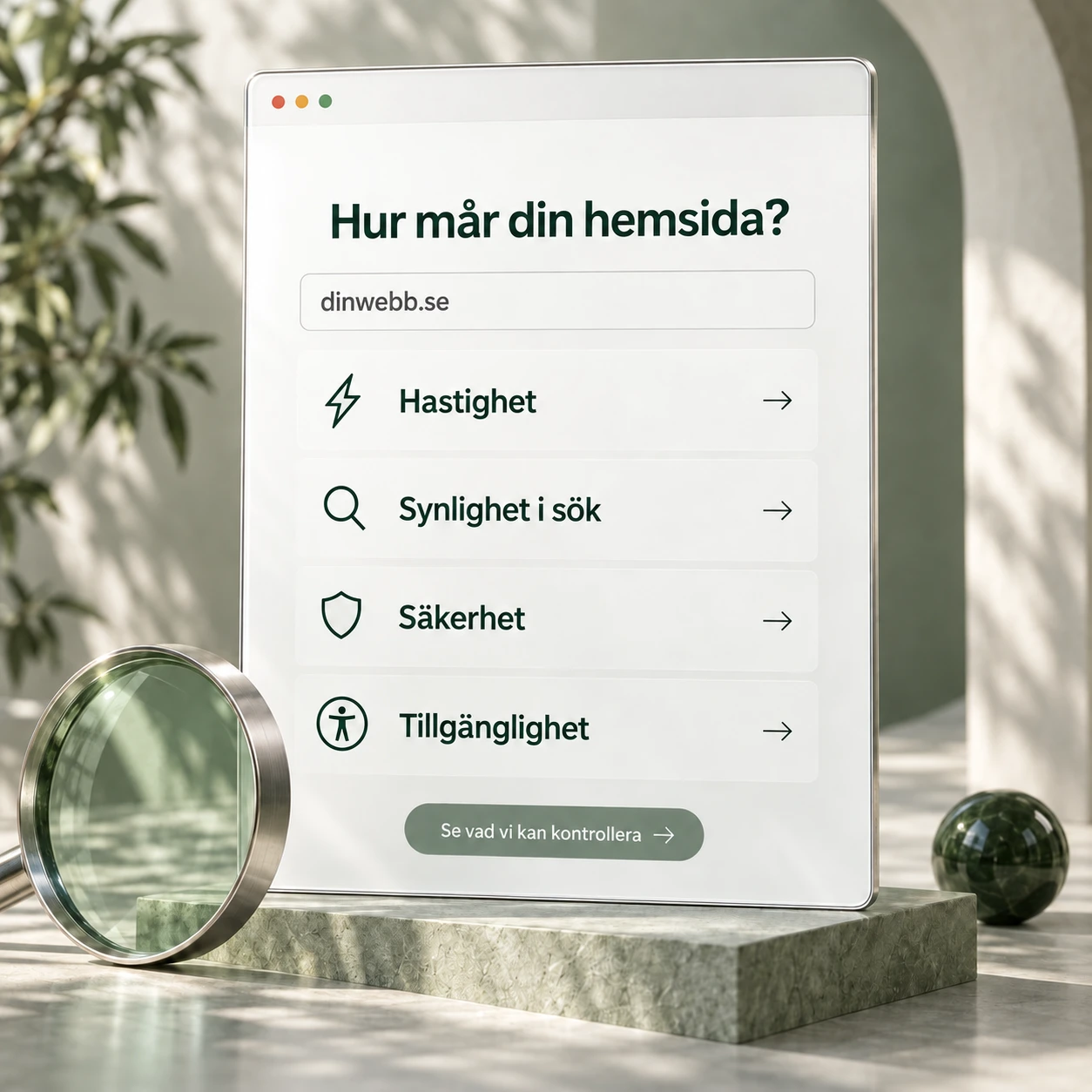 Genererad exempelvy av hemsidekontroller i en ljusgrön miljö