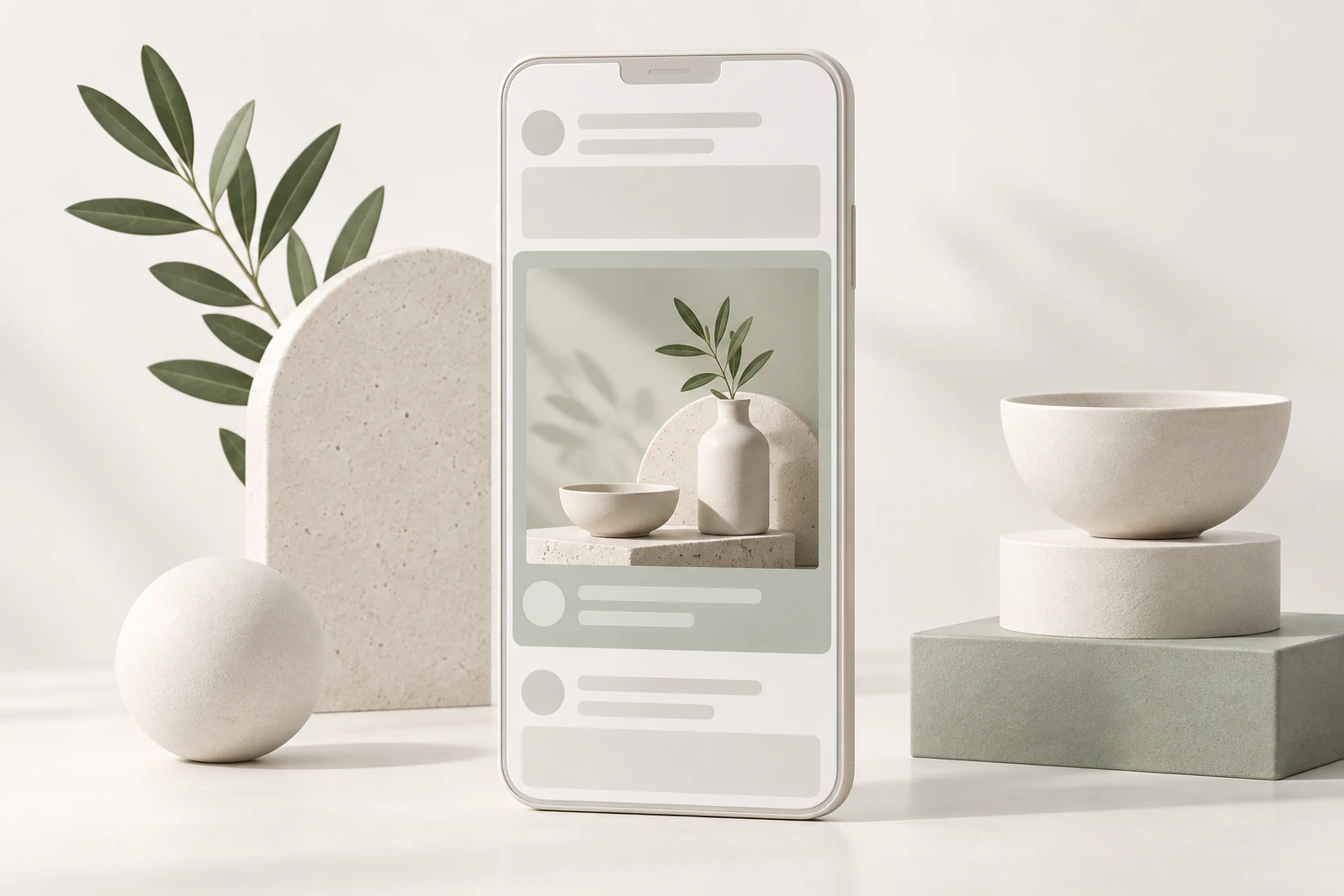 Konceptillustration av en mobil social annons med tydlig bildyta och nästa steg.